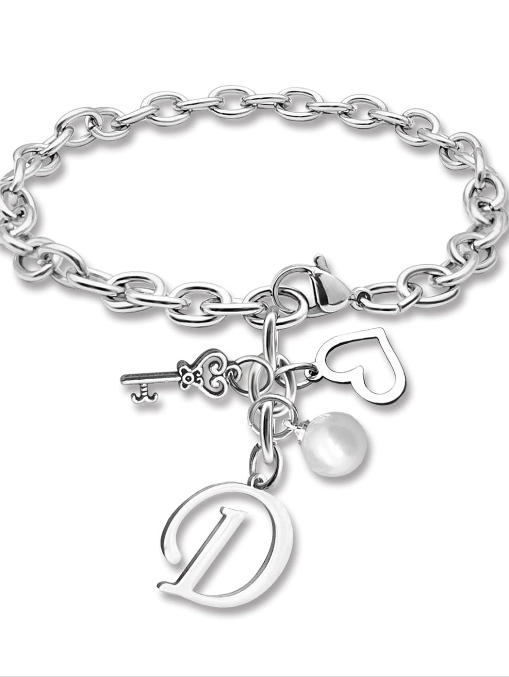 Silver Initial  Charm Bracelet with Key, Heart & Pearl.